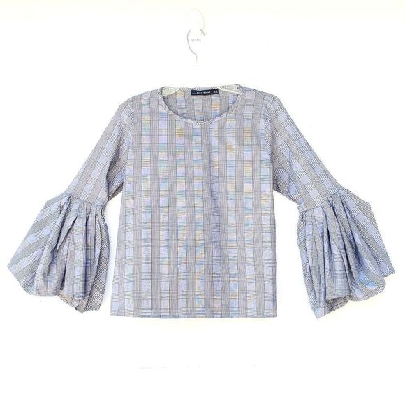 Zara Women's Plaid Top With Ruffled Bell Sleeves XS - Picture 2 of 8